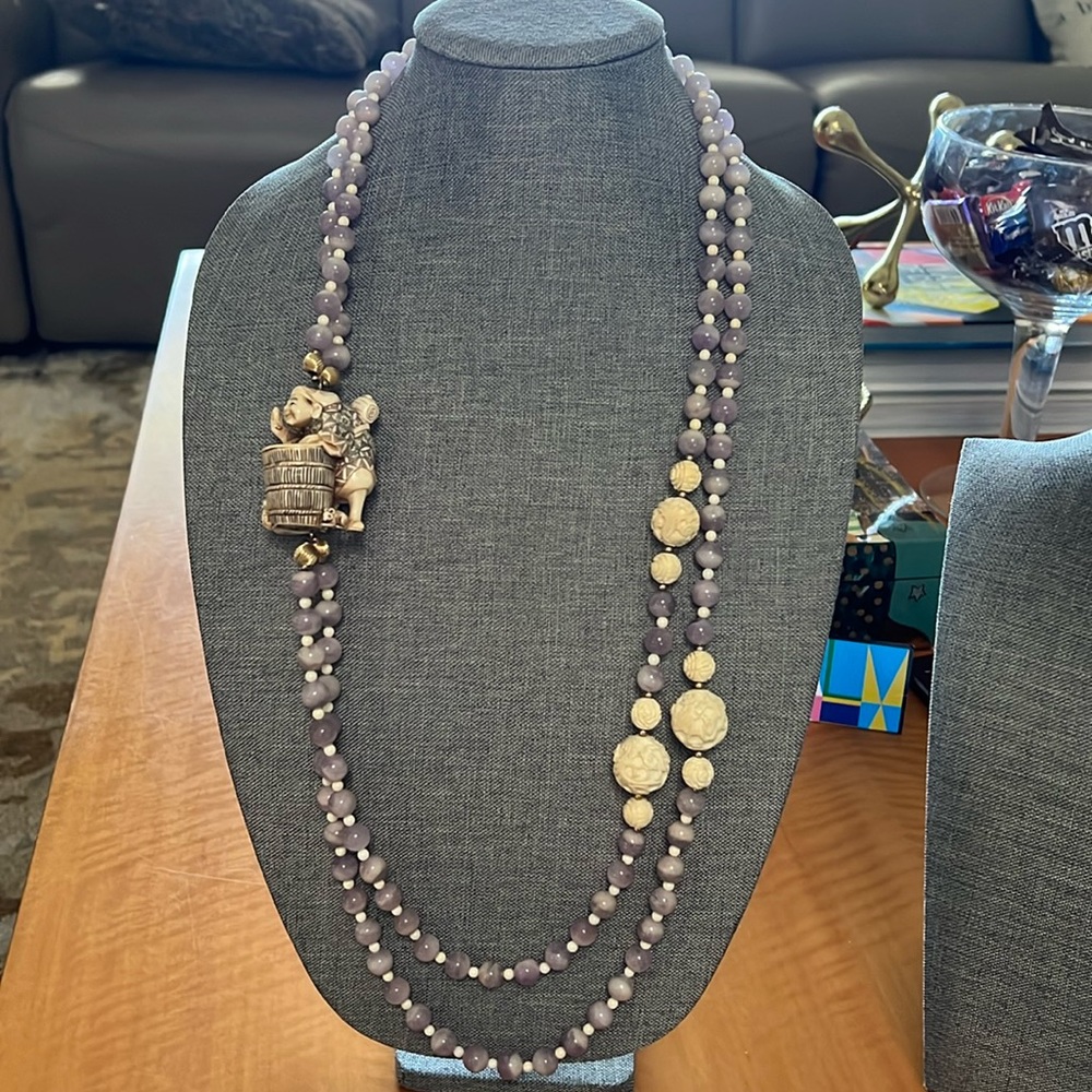 Lepidolide and ivory necklace with some gold ball beads, beautiful ivory statue